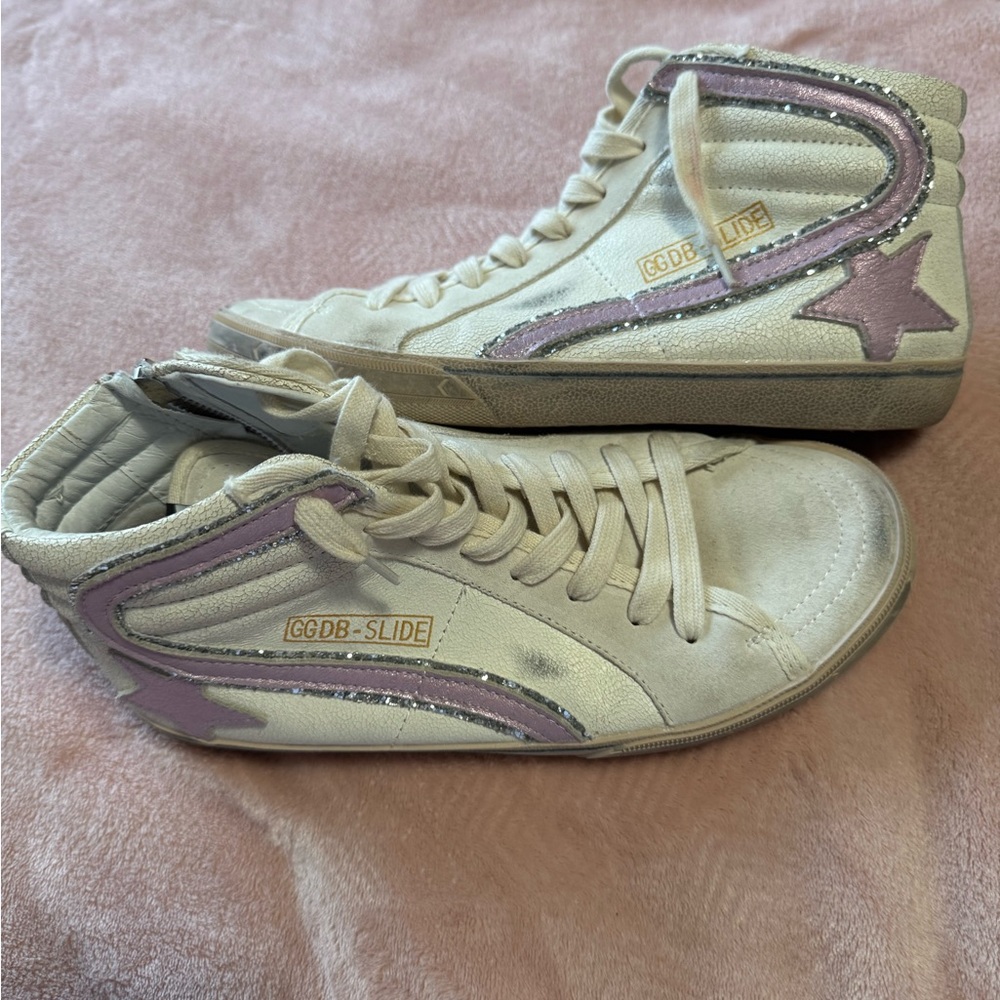 Golden Goose White and Purple Sneakers Retro Distressed